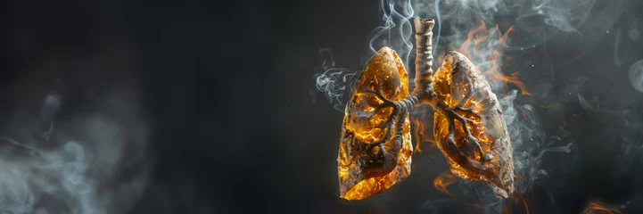 Tuinposter Digital illustration of damaged human lungs glowing with fire and smoke on a dark background, concept for smoking hazards and lung cancer awareness © fotogurmespb