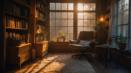 a cozy atmosphere with a comfortable chair soft lighting, and books a perfect haven for quiet relaxation. ai generated