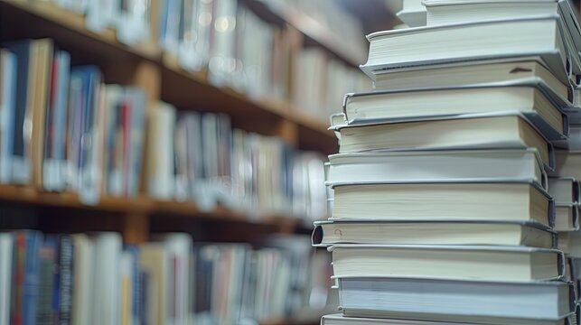 commercial photography, a stack of books on the background of bookshelves in the library, book day