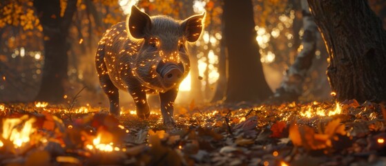  A pig in a forest, surrounded by leaves and illuminated by light