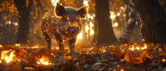 Fotobehang  A pig in a forest, surrounded by leaves and illuminated by light © Wall