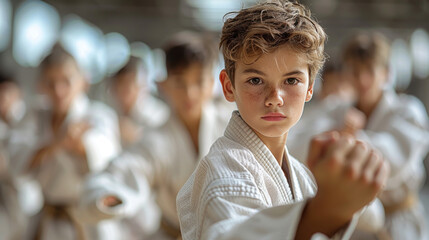 A young karate student in gi poses with focused determination, amidst a blurred background of peers