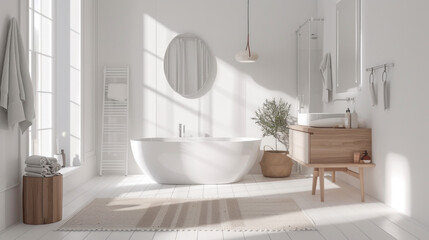 Fototapeta na wymiar A Scandinavian-inspired bathroom with clean white walls, light wood accents, and minimalist fixtures for a serene and clutter-free space