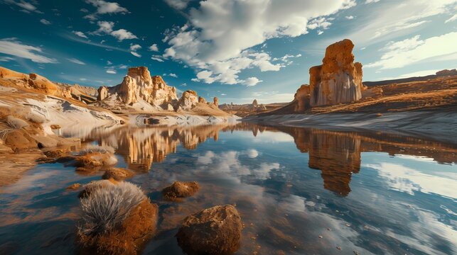 A surreal lake surrounded by surreal rock formations, with the water reflecting the otherworldly colors of the sky.