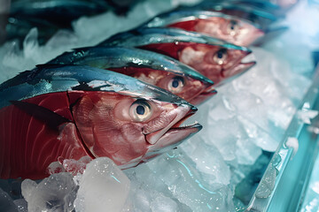 Fresh tuna on ice, seafood market concept.
