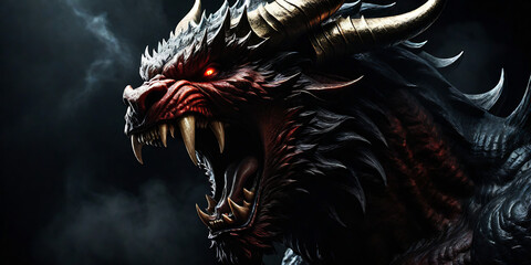 Angry devil profile with copy space for text - black background - yelling, shouting, screaming - god of evil - hell concept art - Leviathan, Astaroth, Mammon, Baal - obrazy, fototapety, plakaty