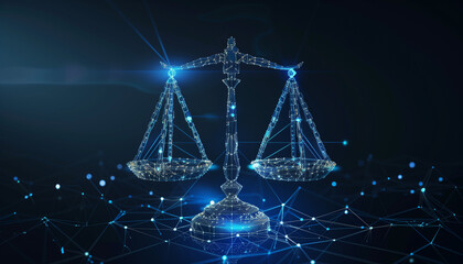 Digital art concept of scales of justice, emitting a neon blue glow