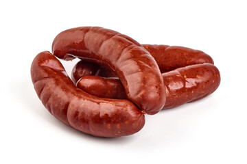 Smoked pork sausages, isolated on white background. High resolution image.