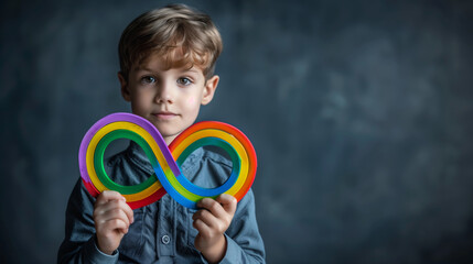 Caucasian boy holding colorful infinity symbol, concept of Autism Awareness, on a textured grey background