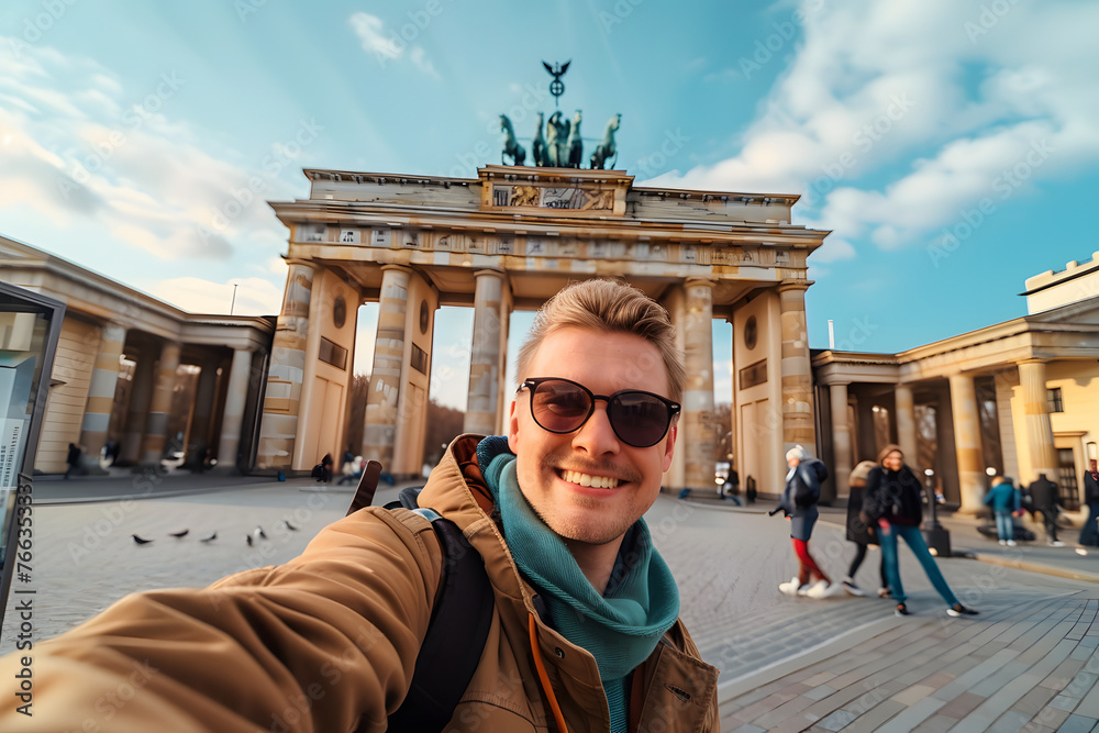 Wall mural tourist taking selfie at brandenburg gate, berlin, travel in germany.