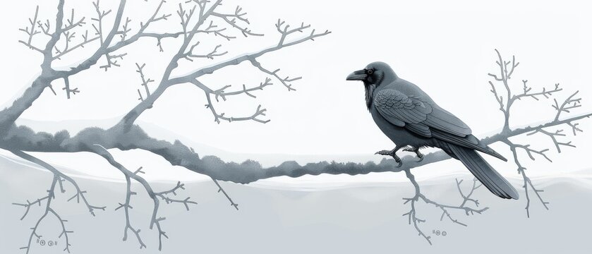  A monochrome image depicts a bird perched on a tree's barren branch against a backdrop of snow-covered ground