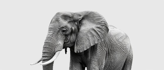 A monochrome photograph of an elephant raising its trunk while its tusks are extended