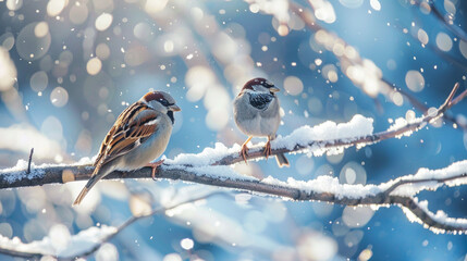 House sparrows sitting on a branch in the winter. 