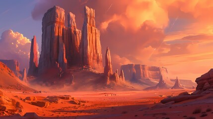 A surreal desert landscape with towering, twisted rock formations against a backdrop of vivid orange and pink hues.