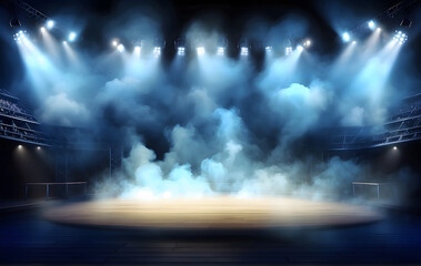 A stage with smoke and spotlights on a dark background