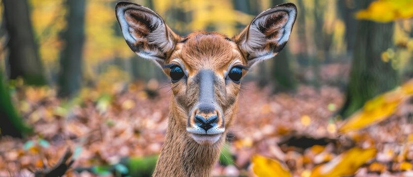  A close-up image of a deer's face surrounded by foliage and towering trees in a woodland setting