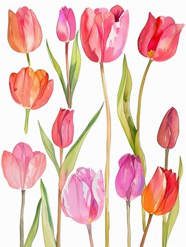 Watercolor tulip clipart in different shades of pink, red, and orange