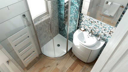 A small but stylish bathroom featuring a corner shower, mosaic tile backsplash, and a mirrored medicine cabinet maximizing space