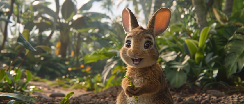 A close-up image of a rabbit in a field surrounded by plants with an astonished expression and a broad grin on its face