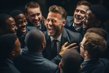Deurstickers A man in a suit stands at the forefront of a group of other men. He appears to be leading a motivational discussion or team meeting, surrounded by his colleagues © Vit