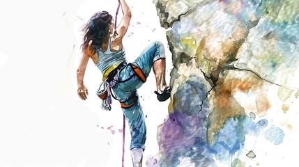 a woman is rock climbing on a rock. watercolor painting. - obrazy, fototapety, plakaty