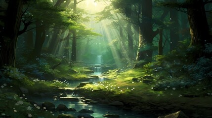 A sunlit glade in the heart of the forest, with rays of light filtering through the leaves and illuminating the emerald surroundings.