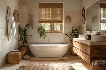 The bathroom in boho style. Modern boho bathroom. Home interior.
