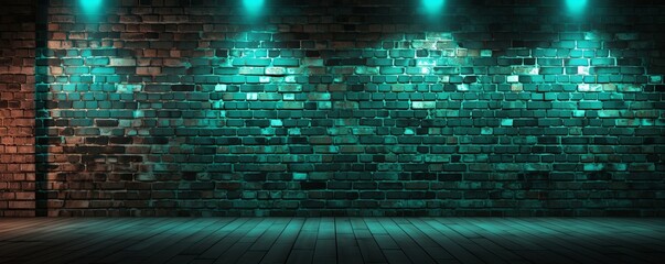 Room with brick wall and turquoise lights background - obrazy, fototapety, plakaty