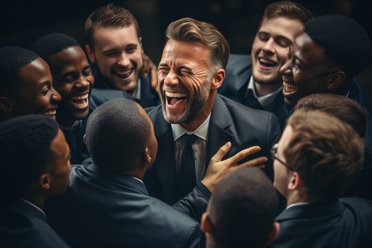 A man in a suit stands at the forefront of a group of other men. He appears to be leading a motivational discussion or team meeting, surrounded by his colleagues