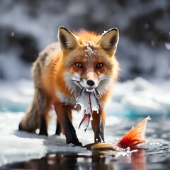 Fototapeta premium Beautiful fox catching a fish