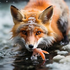 Obraz premium Beautiful fox catching a fish