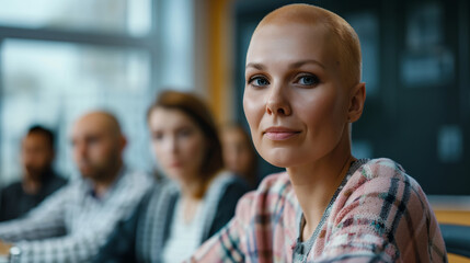 Confident Caucasian businesswoman with a short haircut after cancer attending a workshop, set in a contemporary office environment, symbolizing leadership and diversity in the workplace