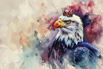 Regal eagle with a crown in watercolor style - Artistic rendition of a crowned eagle, with watercolor splashes that give it a regal and commanding presence, showing a fusion of wildlife and art - obrazy, fototapety, plakaty