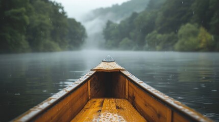 Rainy Canoe Journey on a Misty Forest Lake Gentle rain falls upon a wooden canoe, navigating through the misty embrace of a serene forest-lined lake. - obrazy, fototapety, plakaty