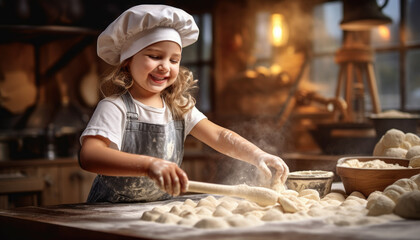 Girl making dough in a bakery setting - Cheerful young girl rolling dough in a bakery with vintage aesthetics - obrazy, fototapety, plakaty
