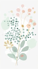 Abstract minimalistic scandinavian botanical art with warm color tones. A delicate composition of floral and foliage elements intertwined with abstract warm colored shapes and subtle brushstrokes
