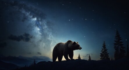 Silhouette of a bear on night sky background - obrazy, fototapety, plakaty