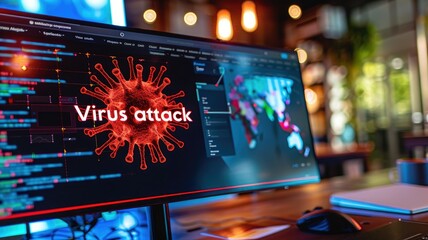Virus attack message on a modern workplace monitor - High-resolution photo of a workplace with a monitor displaying a warning about a virus attack - obrazy, fototapety, plakaty