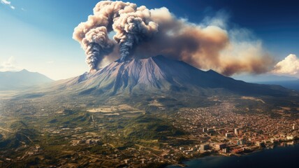 Volcanic eruption overshadowing coastal city - Captivating view of volcanic eruption with imposing smoke and ash clouds over a serene coastal city, highlighting the contrast between calm and chaos