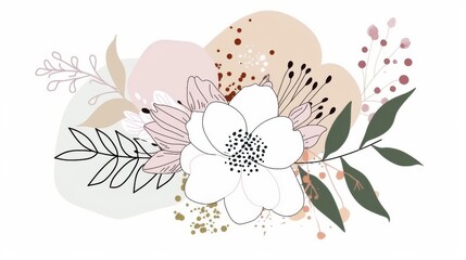 Abstract minimalistic scandinavian botanical art with warm color tones. A delicate composition of floral and foliage elements intertwined with abstract warm colored shapes and subtle brushstrokes