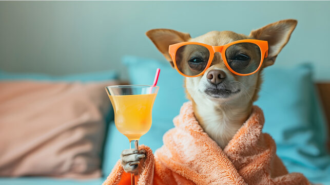 A Chihuahua dog wearing orange sunglasses and a peach towel, holding a cocktail glass, embodying relaxation and summer vibes