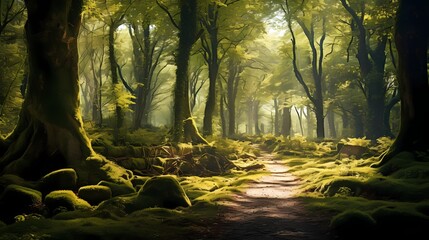 A sun-dappled forest with tall, majestic trees and a carpet of vibrant green moss covering the...
