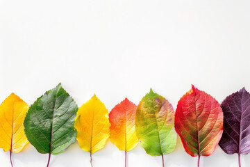 Obraz premium Fall foliage leaves against a white background form vivid color blocks, offering a panoramic scale and environmental awareness.