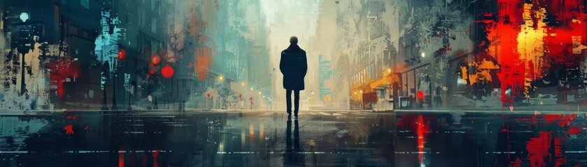 Man strolls through urban landscape, his silhouette blending with the vibrant brushstrokes of an abstract cityscape painting.