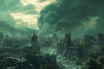 Apocalyptic landscape, city in ruins, digital artwork.