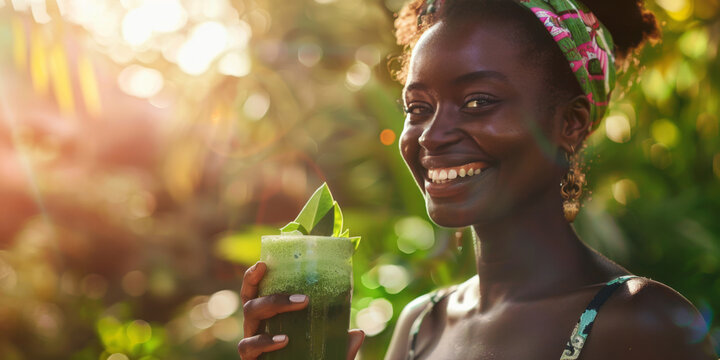 A woman smiles, holding a green drink and green leaves, her image captured in commercial style with a close-up technique.