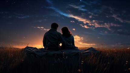 Man and Woman Sitting on Top of Grass Covered Field - obrazy, fototapety, plakaty