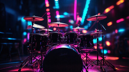 Drum set in neon lighting with bokeh effect