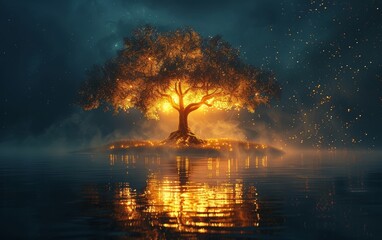 Enchanting tree hovers over serene lake, casting a magical glow.