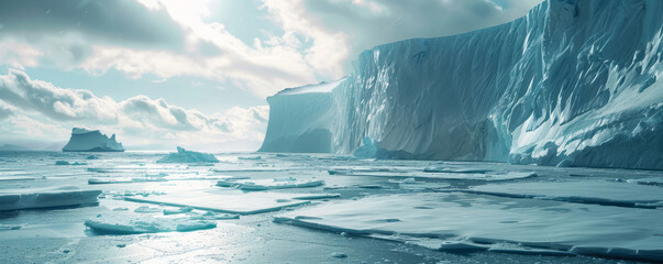 The cold ice and snow of icebergs evoke environmental awareness, captured through a wide-angle lens.
